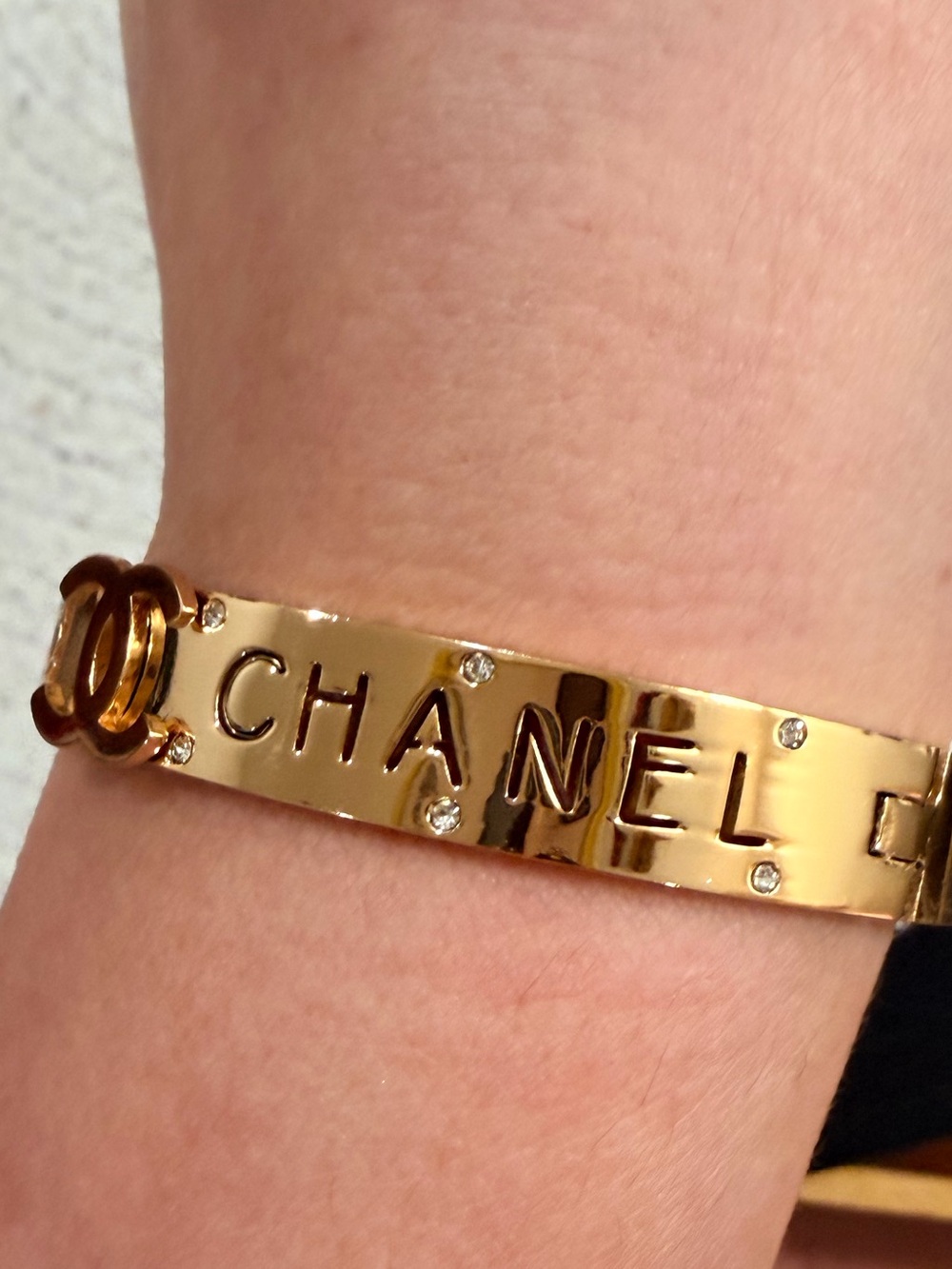 Gold-Tone | NEW Stainless Steel Logo Crystal Accent Bangle - Picture 4 of 11